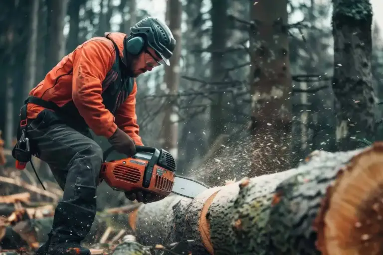 Worker in an orange jacket and helmet cutting a felled tree trunk with a chainsaw in a wooded lot