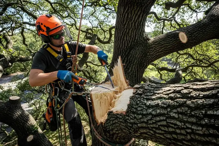 Climbing arborist in a helmet and harness cutting a large limb from a mature tree with a handsaw