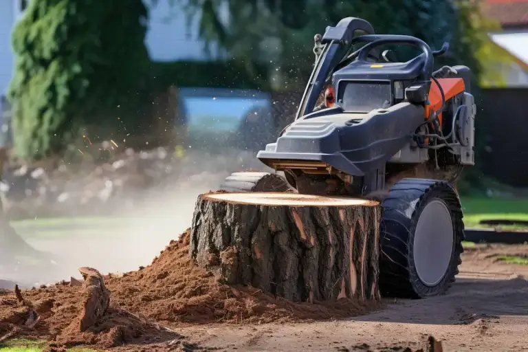 Stump grinder machine grinding down a large tree stump in a residential yard