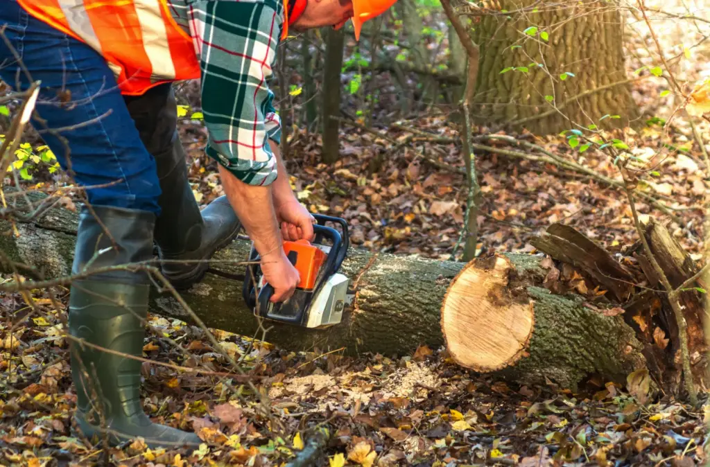 Tree removal worker in safety gear cutting a felled trunk with a chainsaw