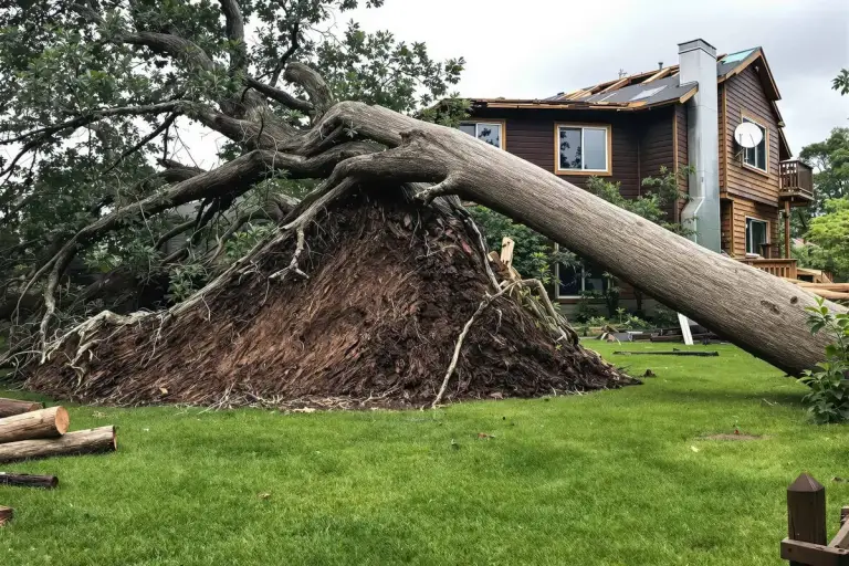 Large tree uprooted by a storm, its root plate lifted out of the lawn beside a house